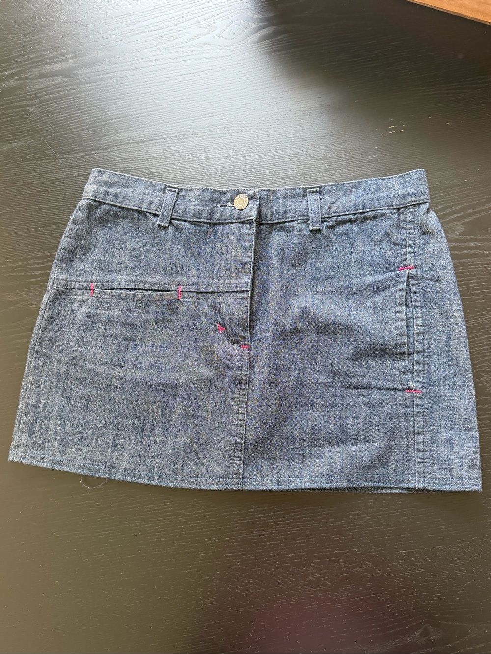 Denim Mini Skirt with Pink Accent Stitching - Women's Blue Mini Size Small